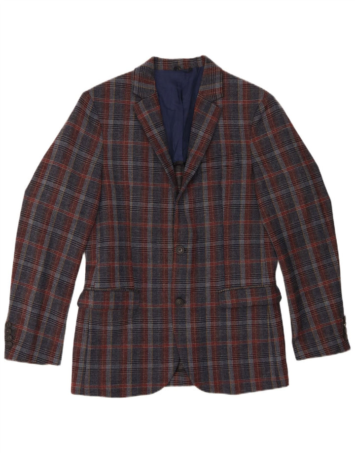 Benetton Mens 2 Button Blazer Jacket UK 38 Medium Navy Blue Plaid Wool
