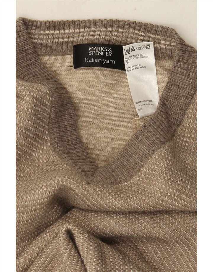 Marks & Spencer Mens V-Neck Jumper Sweater Small Beige Colourblock Acrylic