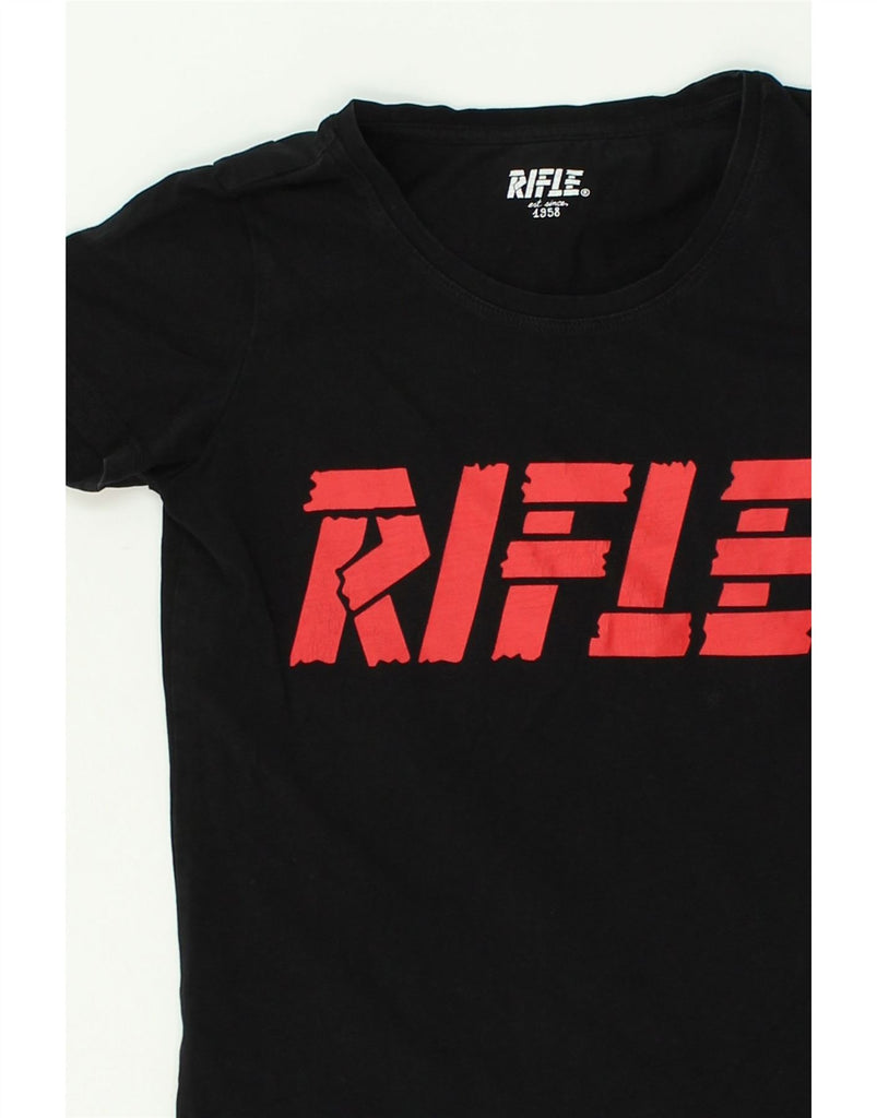 RIFLE Womens Graphic T-Shirt Top UK 4 XS Black | Vintage Rifle | Thrift | Second-Hand Rifle | Used Clothing | Messina Hembry 