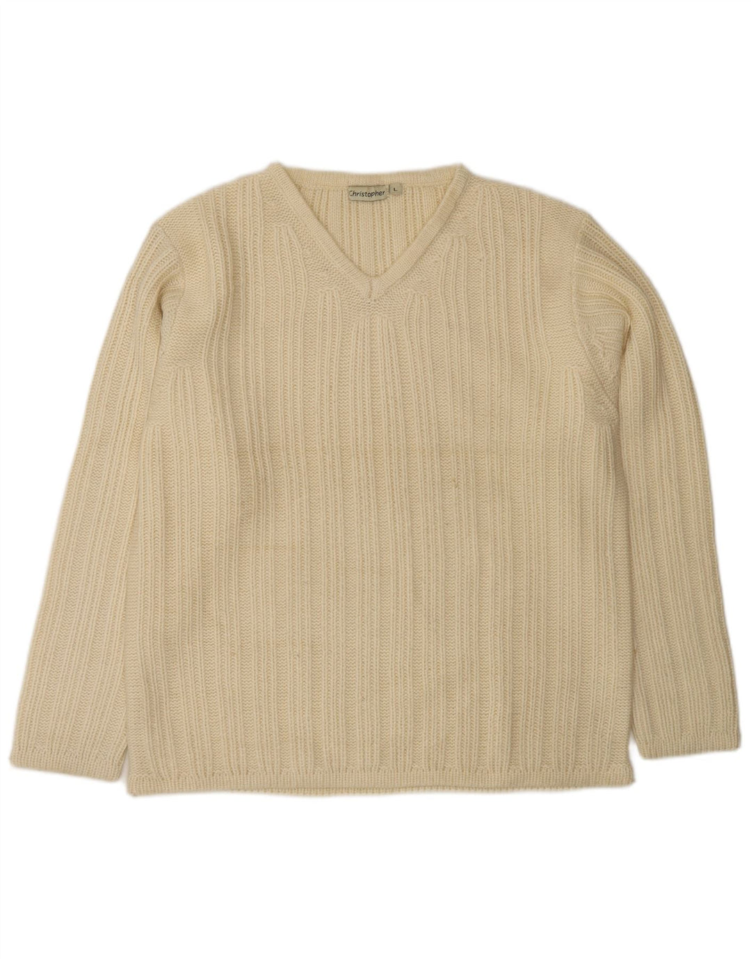 VINTAGE Mens V-Neck Jumper Sweater Large Off White Wool