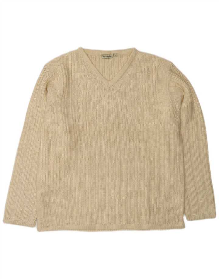 VINTAGE Mens V-Neck Jumper Sweater Large Off White Wool