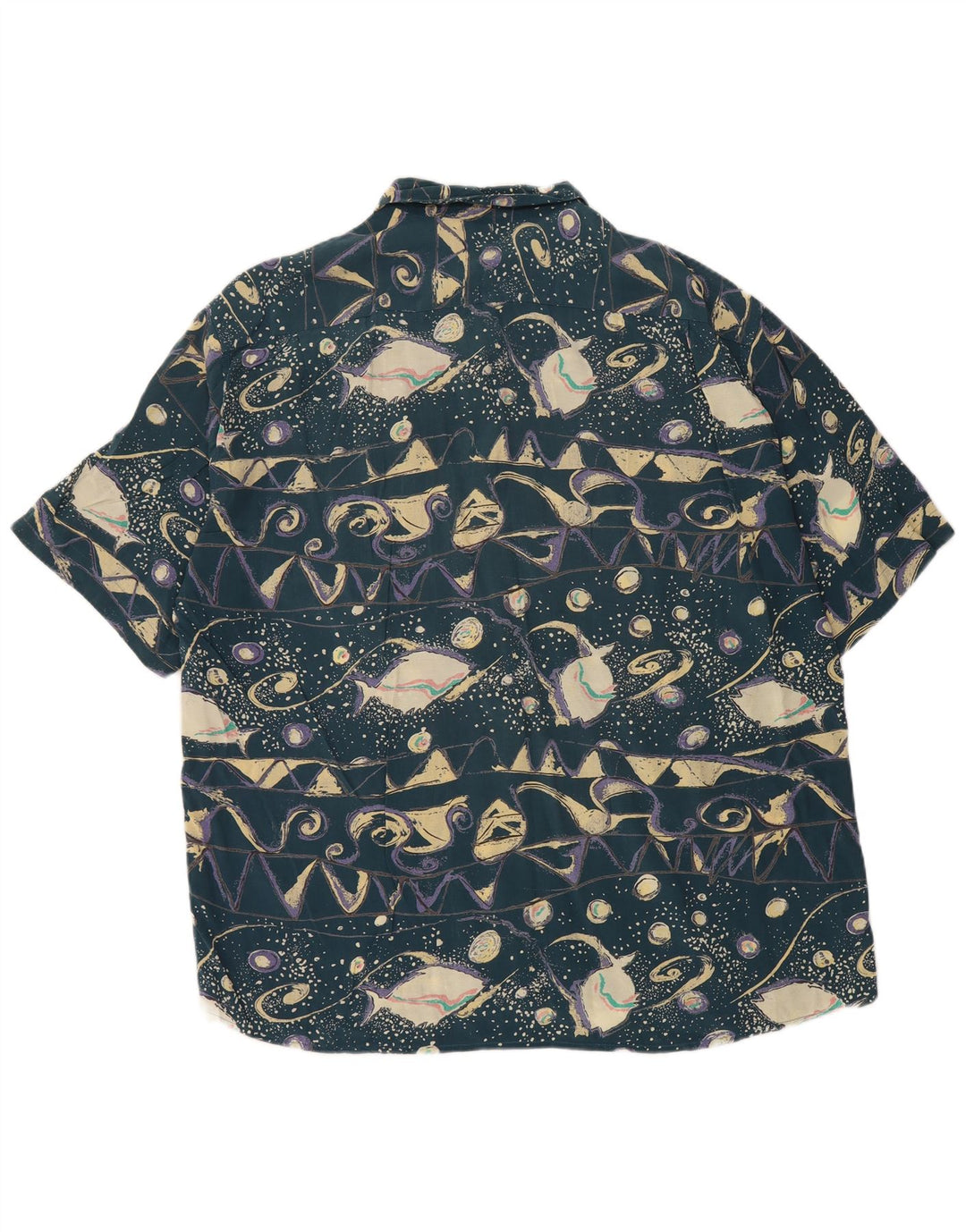 Vintage Mens Abstract Pattern Short Sleeve Shirt XL Blue Viscose Retro