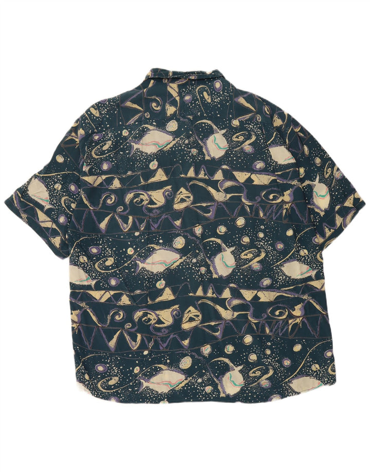Vintage Mens Abstract Pattern Short Sleeve Shirt XL Blue Viscose Retro