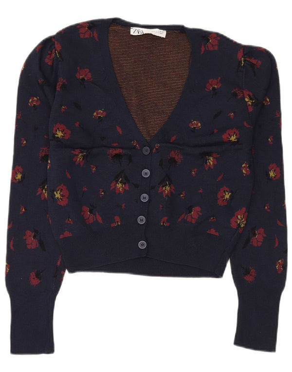 ZARA Womens Crop Cardigan Sweater UK 10 Small Navy Blue Floral Polyamide