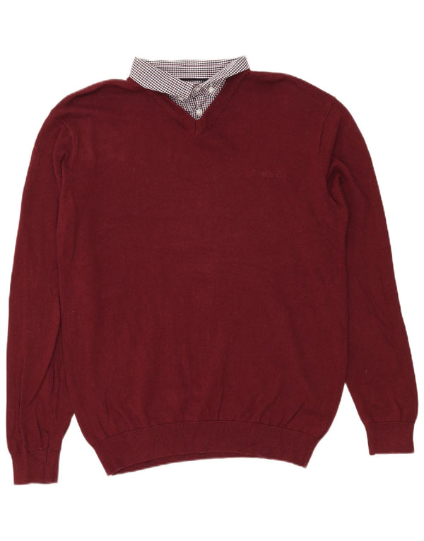 Pierre Cardin Mens V-Neck Jumper Sweater Large Burgundy Cotton