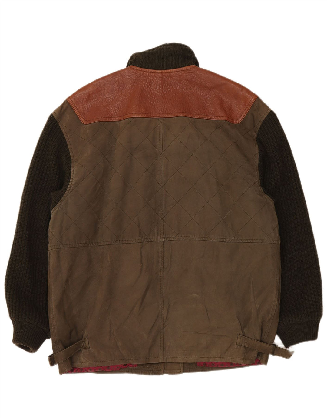 Vintage Mens Knit Leather Jacket UK 42 XL Khaki Colourblock Classic