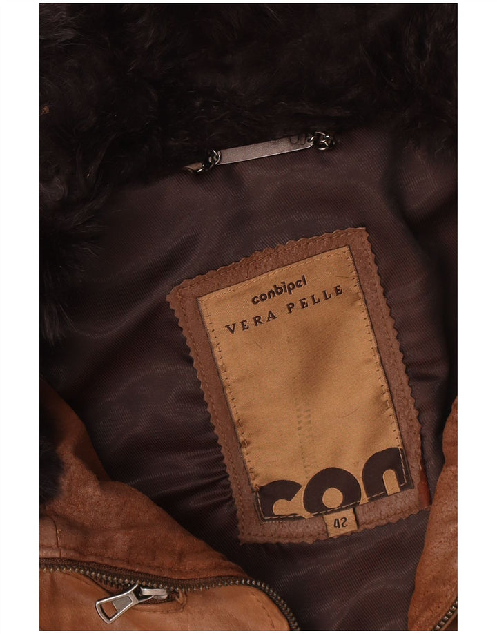 Conbipel Womens Hooded Leather Jacket IT 42 Medium Brown Leather