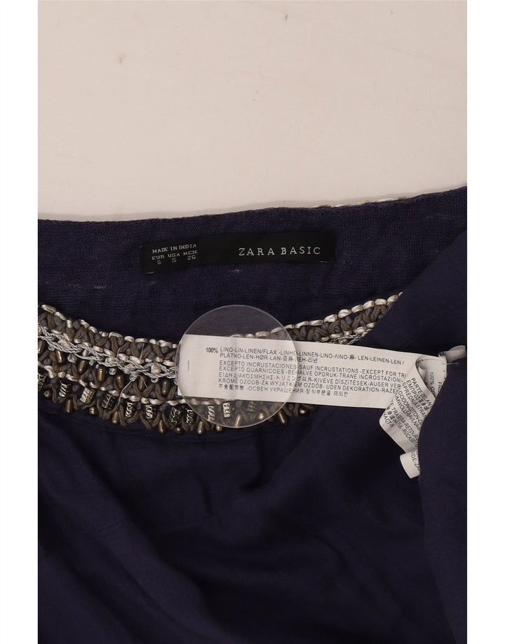Zara Womens Sleeveless Oversized Blouse Top UK 10 Small Navy Blue Linen