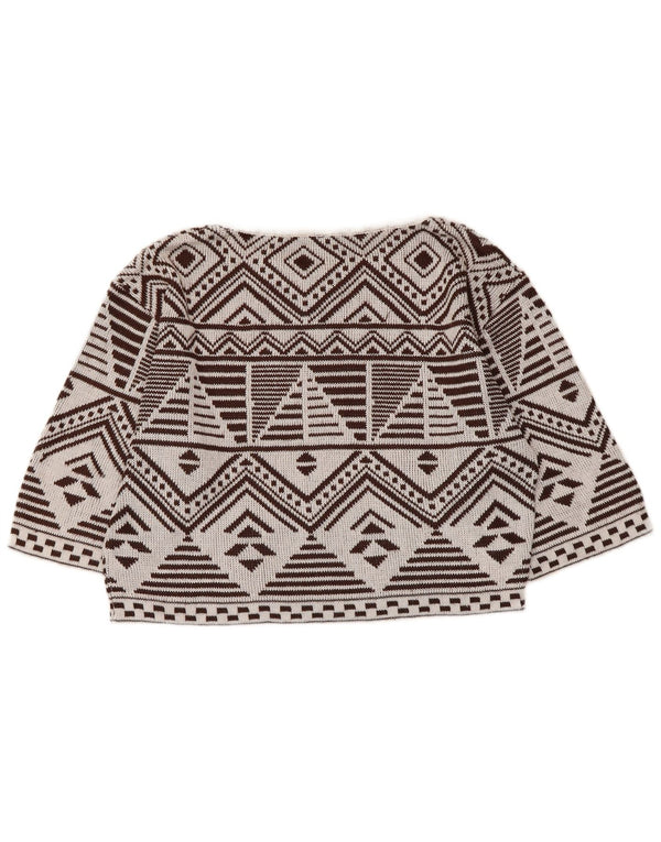 Vintage Womens Crop Boat Neck Jumper Sweater UK 14 Medium Brown Geometric