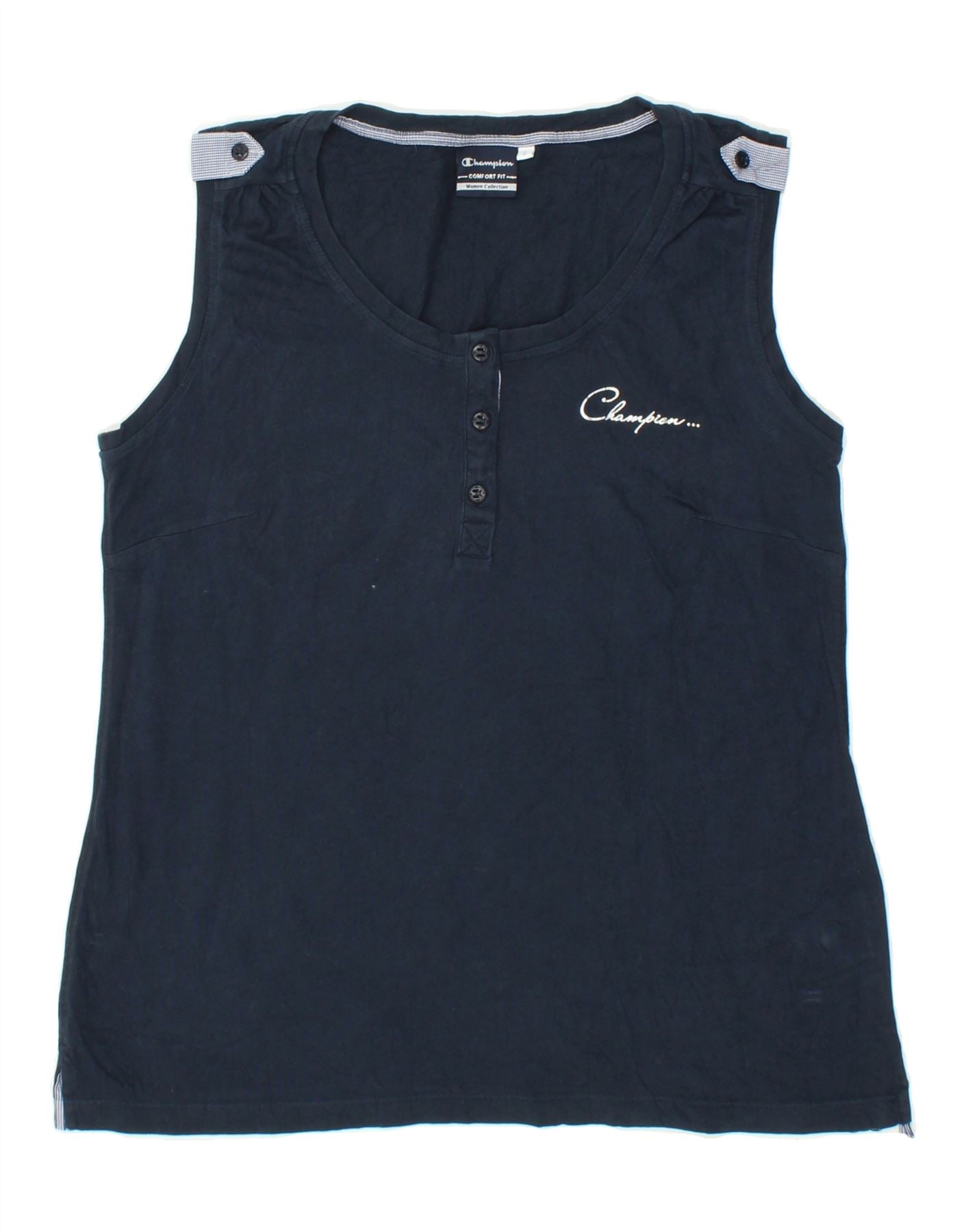 CHAMPION Womens Comfort Fit Vest Top UK 14 Large Navy Blue Cotton