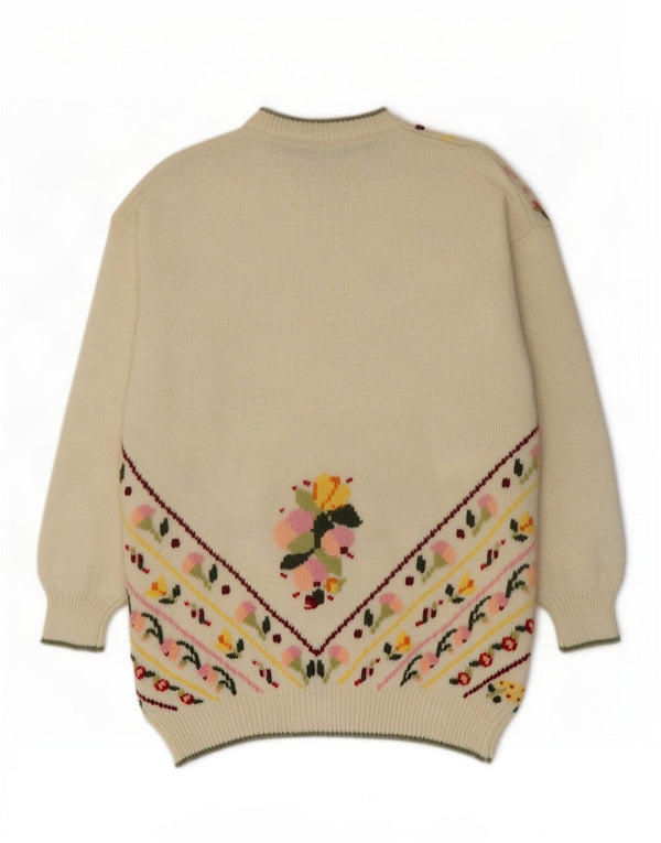 Vintage Womens Crew Neck Jumper Sweater UK 16 Large White Floral Retro