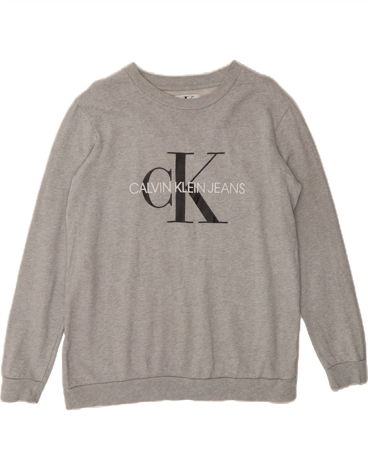 CALVIN KLEIN JEANS Mens Graphic Sweatshirt Jumper Medium Grey Cotton Vintage Calvin Klein Jeans and Second-Hand Calvin Klein Jeans from Messina Hembry 