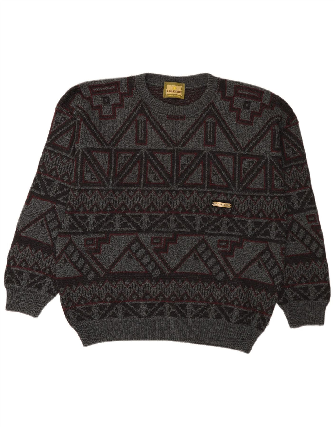 Il Granchio Mens Crew Neck Jumper Sweater Large Grey Geometric Wool