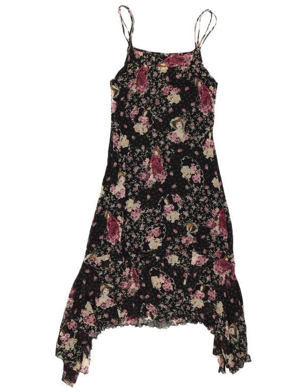 Vintage Womens Sleeveless Asymmetrical Dress UK 8 Small Black Floral