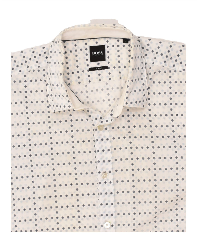 HUGO BOSS Mens Slim Fit Shirt Large White Spotted Cotton | Vintage Hugo Boss | Thrift | Second-Hand Hugo Boss | Used Clothing | Messina Hembry 