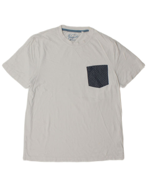 PENGUIN Mens T-Shirt Top Large White Spotted Cotton