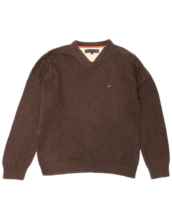 Tommy Hilfiger Mens V-Neck Jumper Sweater Large Brown Cotton