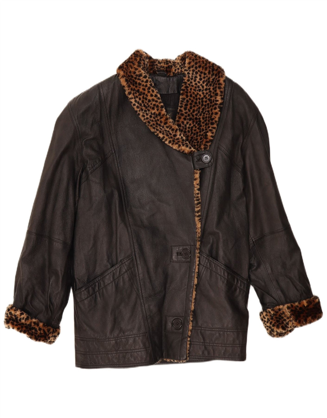 VINTAGE Womens Oversized Leather Coat UK 10 Small Black Animal Print