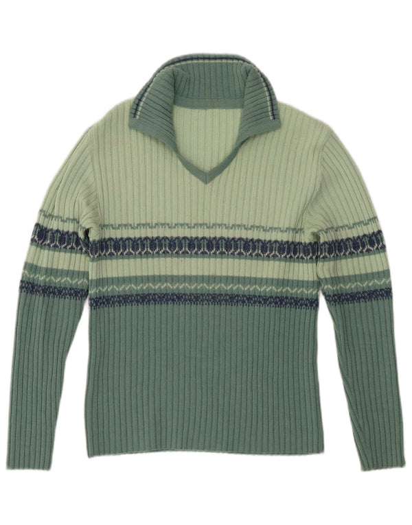 Vintage Girls Polo Neck Jumper Sweater 11-12 Years Green Fair Isle Wool