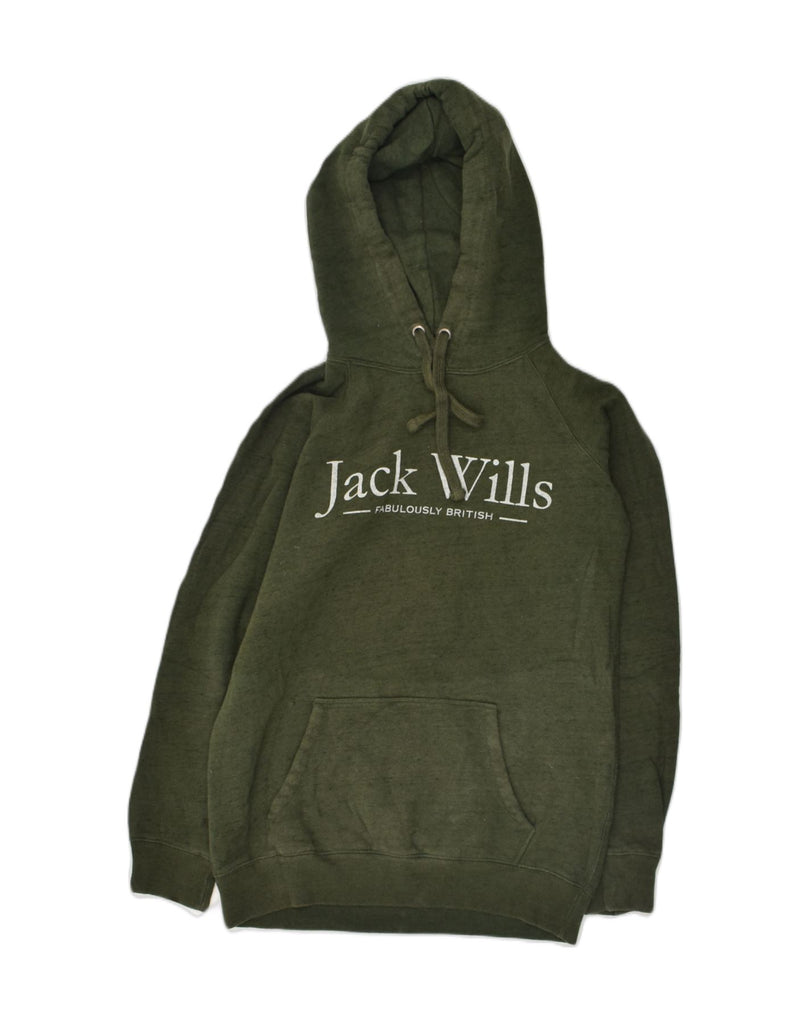 JACK WILLS Womens Loose Fit Graphic Hoodie Jumper UK 6 XS Khaki Cotton | Vintage Jack Wills | Thrift | Second-Hand Jack Wills | Used Clothing | Messina Hembry 