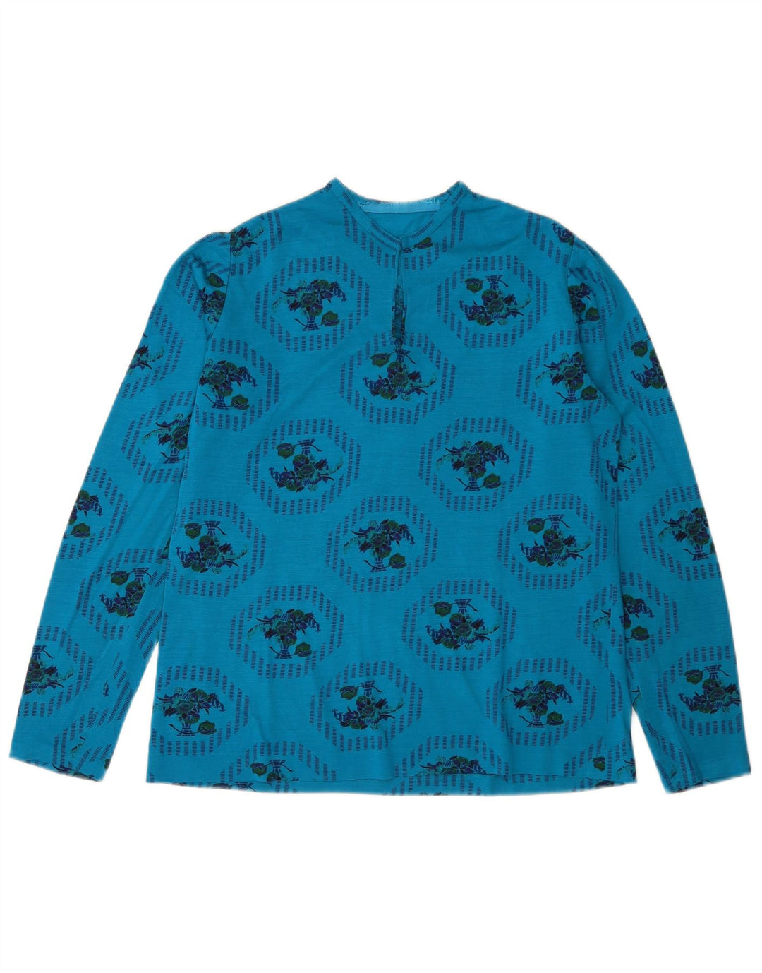 Vintage Womens Graphic Top Long Sleeve UK 14 Medium Blue Floral