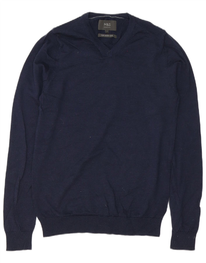 Marks & Spencer Mens V-Neck Jumper Sweater Small Navy Blue Merino Wool