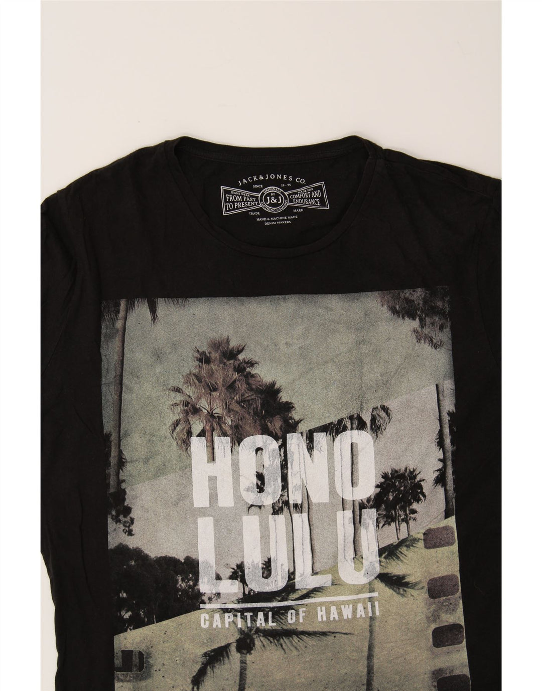 JACK & JONES Mens Honolulu Graphic T-Shirt Top Small Black Cotton Vintage Jack & Jones and Second-Hand Jack & Jones from Messina Hembry 