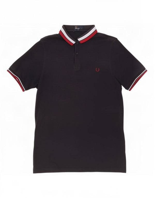Fred Perry Mens Slim Fit Polo Shirt Large Navy Blue Striped Cotton