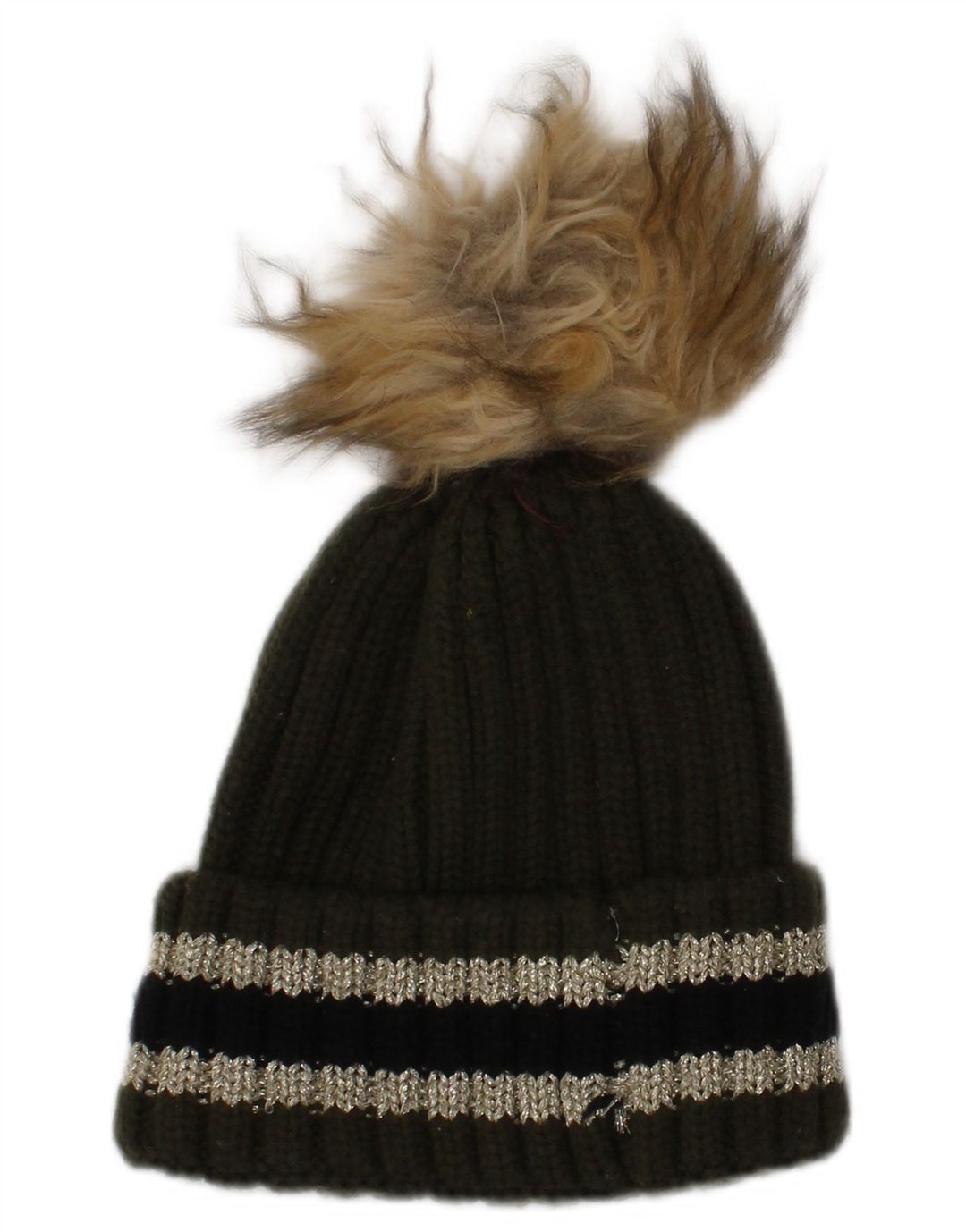Superdry Womens Knit Bobble Hat One Size Khaki Striped Winter