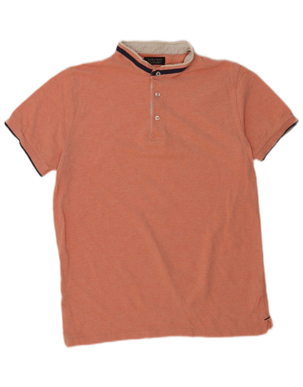 Zara Mens Polo Shirt Large Orange Striped Cotton
