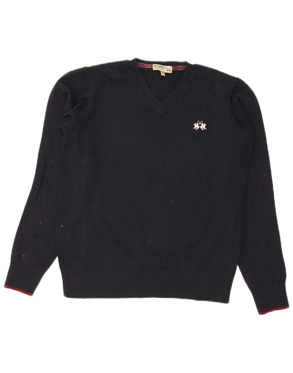 La Martina Womens V-Neck Jumper Sweater UK 10 Small Navy Blue Wool