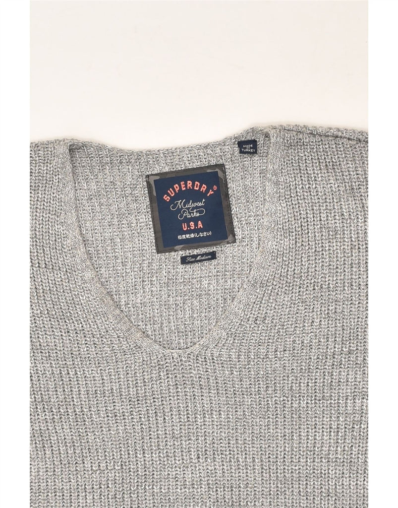 SUPERDRY Womens Oversized V-Neck Jumper Sweater UK 14 Medium Grey Acrylic | Vintage Superdry | Thrift | Second-Hand Superdry | Used Clothing | Messina Hembry 