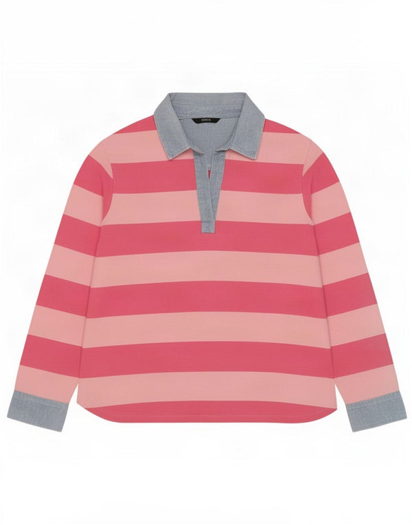 Marks & Spencer Womens Rugby Polo Shirt UK 14 Large Pink Striped