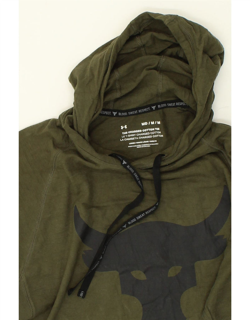 UNDER ARMOUR Mens Hooded Graphic T-Shirt Top Medium Khaki Cotton | Vintage Under Armour | Thrift | Second-Hand Under Armour | Used Clothing | Messina Hembry 