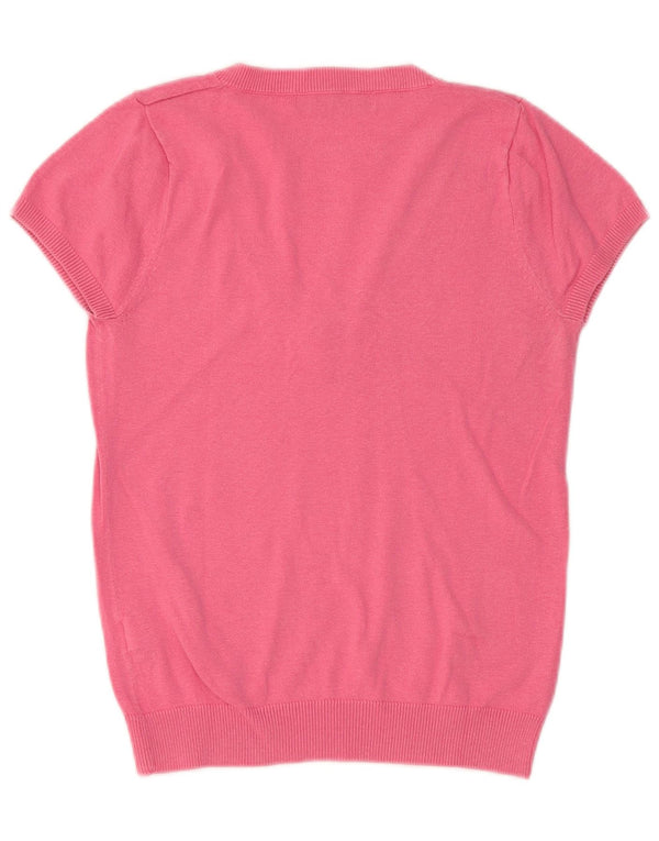 Zara Womens Short Sleeve V-Neck Jumper Sweater UK 12 Medium Pink Cotton