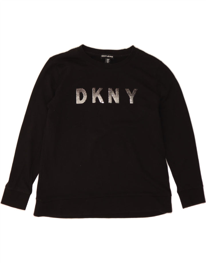 DKNY Womens Graphic Sweatshirt Jumper UK 14 Medium Black Cotton Vintage Dkny and Second-Hand Dkny from Messina Hembry 