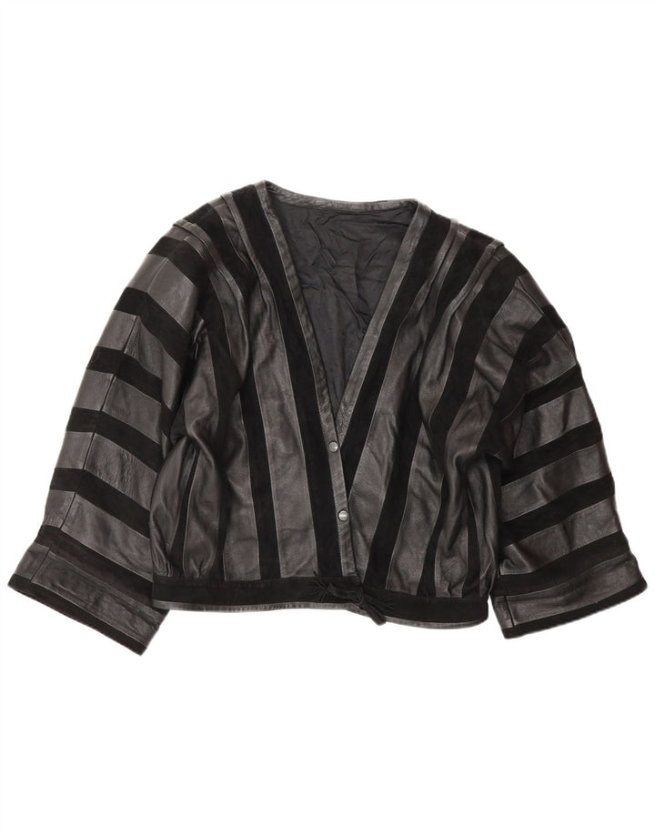 Vintage Womens Leather Bomber Jacket UK 14 Medium Black Striped Leather
