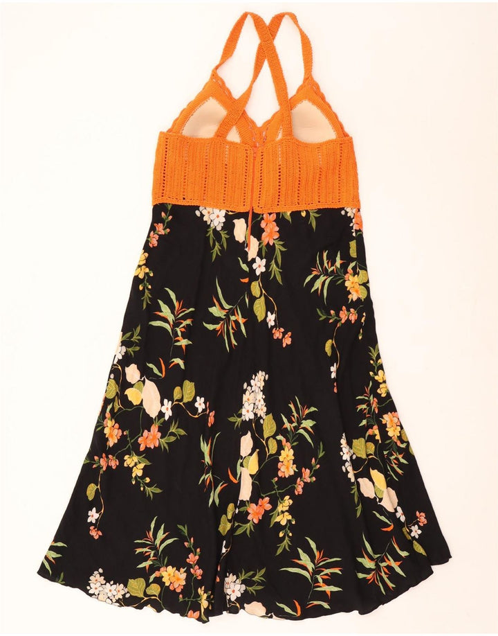 Vintage Womens Halter Dress UK 12 Medium Black Floral
