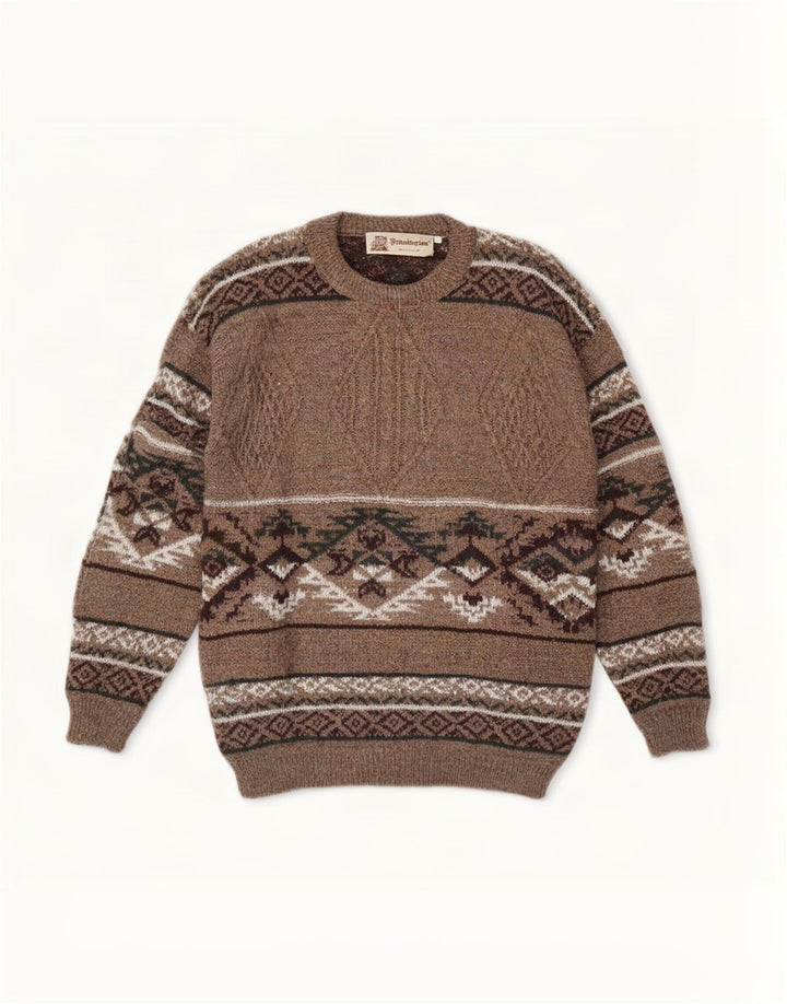 Kennington Mens Crew Neck Jumper Sweater Large Brown Fair Isle Wool