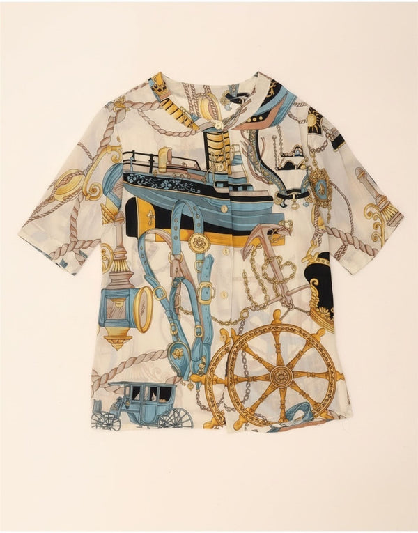 Vintage Womens Abstract Pattern Short Sleeve Shirt Blouse UK 14 Large White