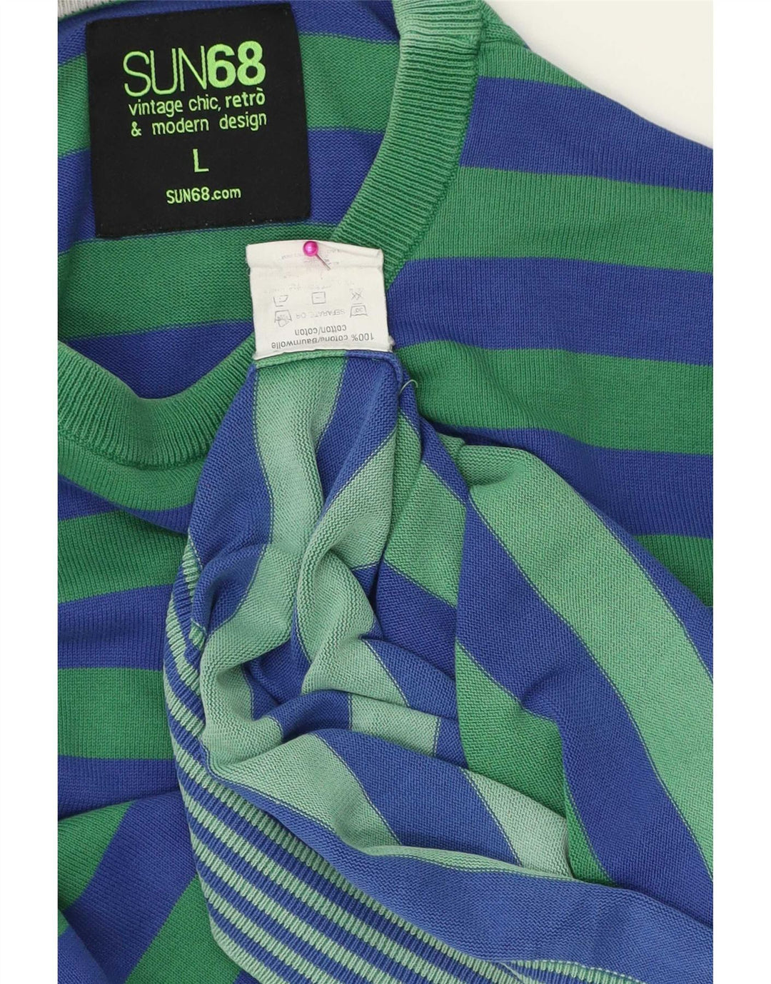 Sun68 Mens Crew Neck Jumper Sweater Large Blue Striped Cotton