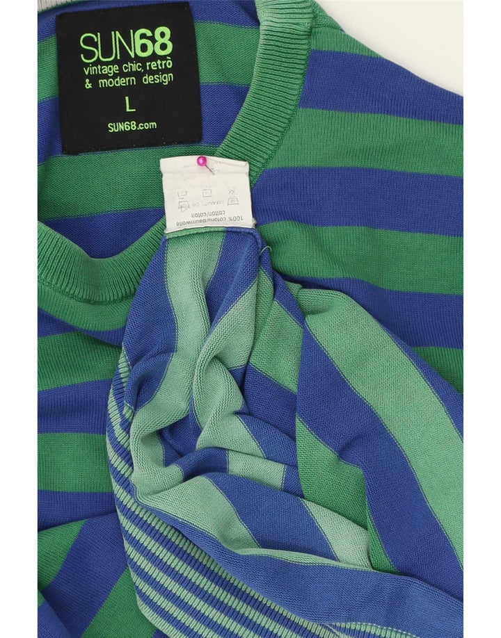Sun68 Mens Crew Neck Jumper Sweater Large Blue Striped Cotton
