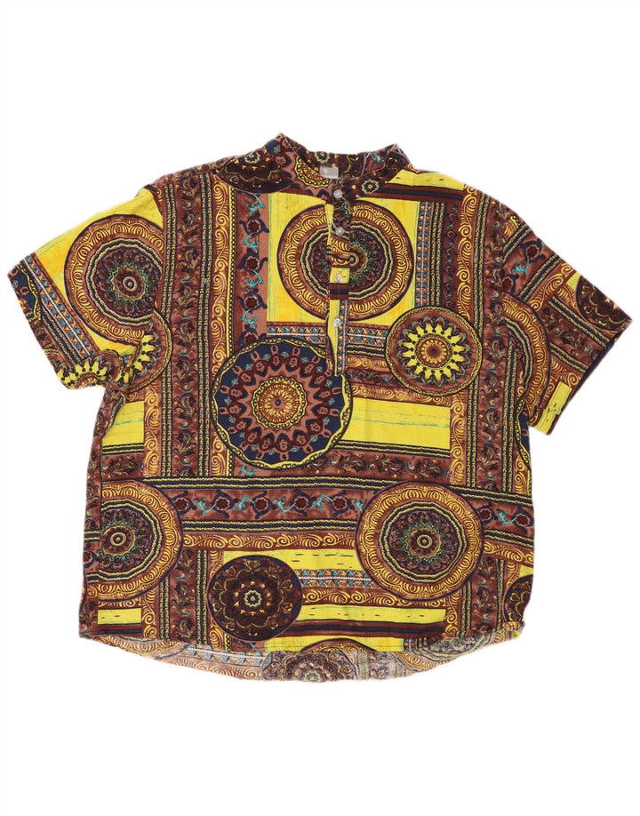 Vintage Mens Short Sleeve Pullover Shirt Medium Yellow Geometric Cotton