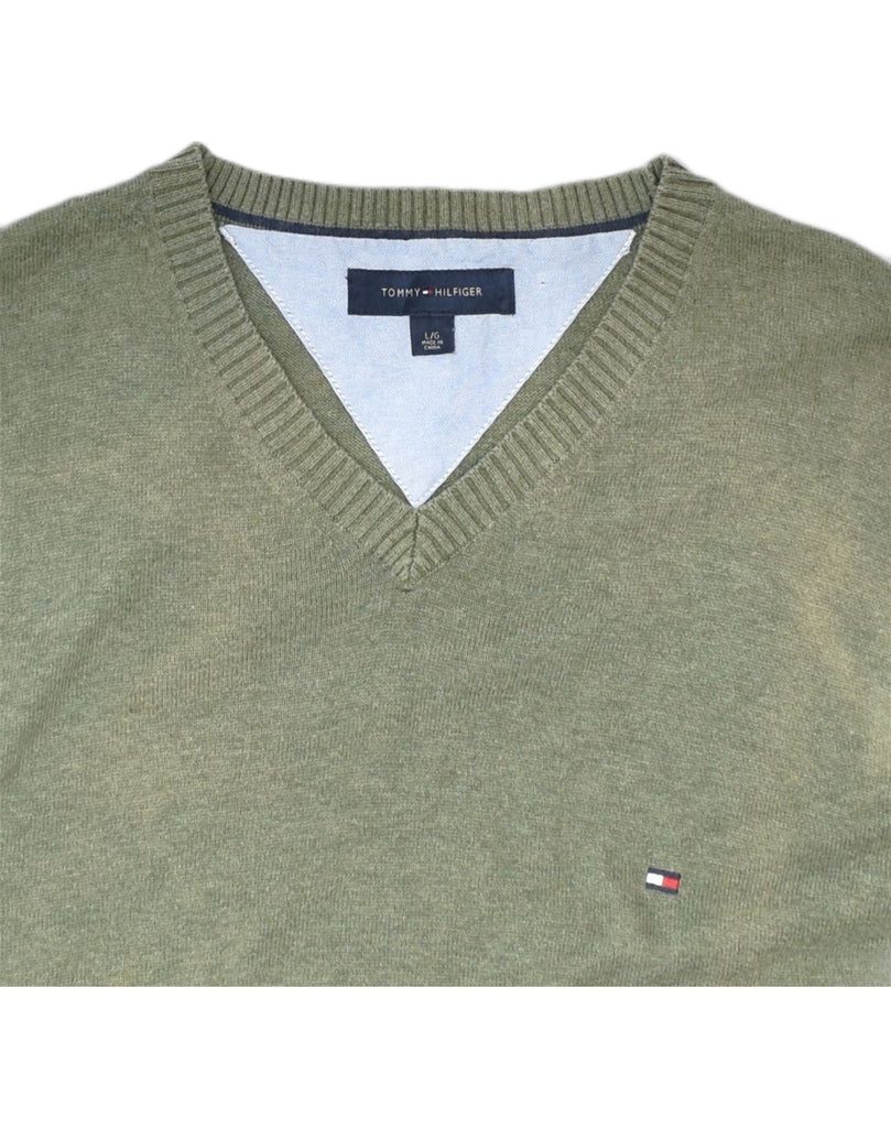 TOMMY HILFIGER Mens V-Neck Jumper Sweater Large Green Cotton | Vintage Tommy Hilfiger | Thrift | Second-Hand Tommy Hilfiger | Used Clothing | Messina Hembry 