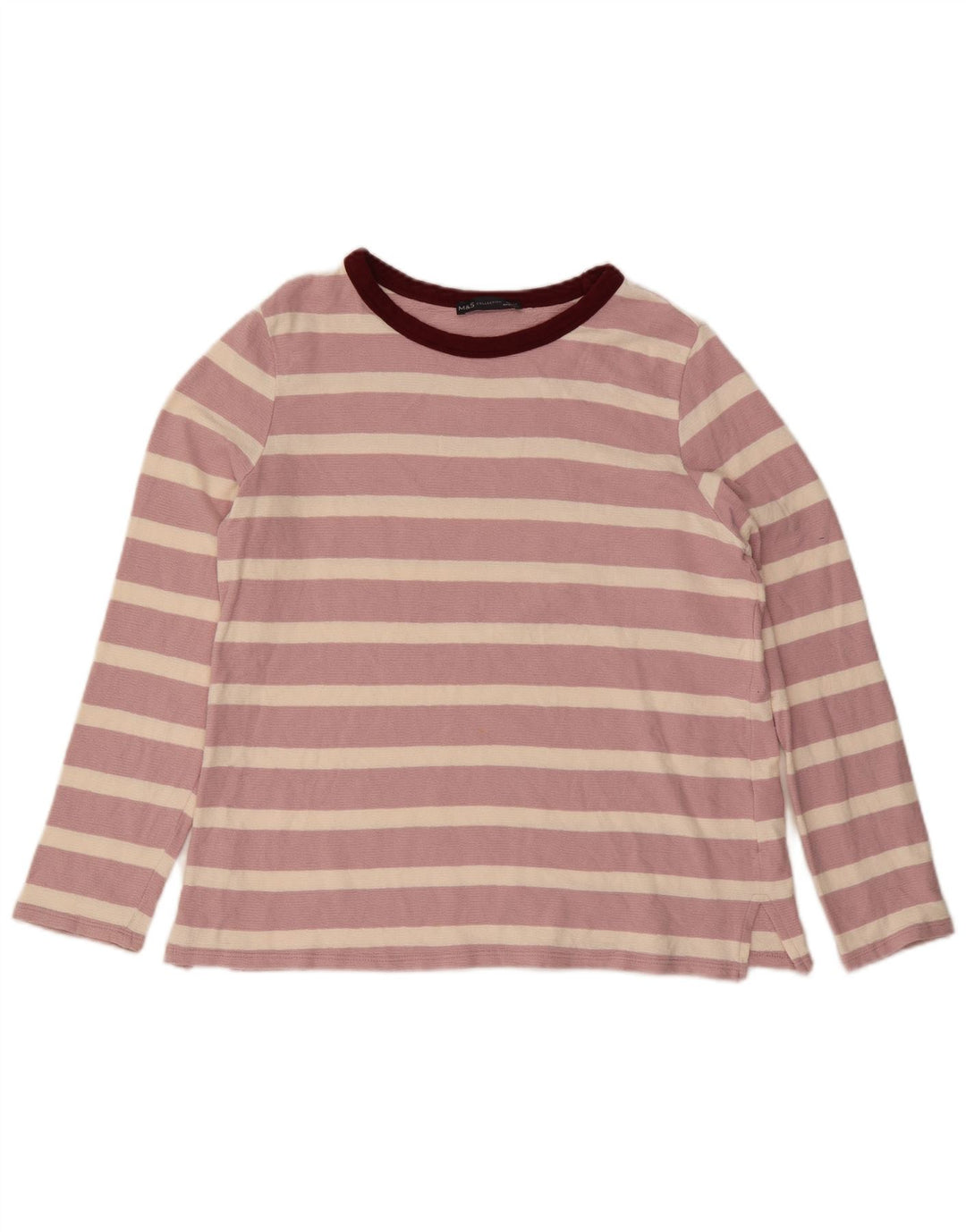 Marks & Spencer Womens Top Long Sleeve UK 14 Large  Pink Striped Cotton