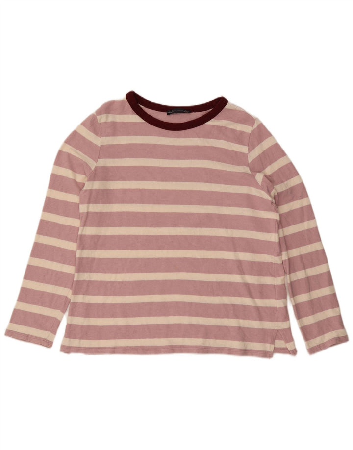 Marks & Spencer Womens Top Long Sleeve UK 14 Large  Pink Striped Cotton