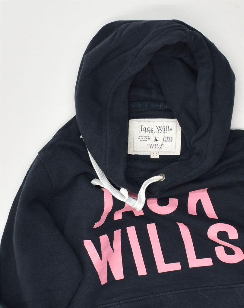 JACK WILLS Womens Graphic Hoodie Jumper UK 10 Small  Navy Blue Cotton | Vintage Jack Wills | Thrift | Second-Hand Jack Wills | Used Clothing | Messina Hembry 