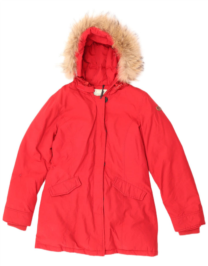 Rifle Womens Hooded Padded Jacket UK 14 Medium Red Cotton