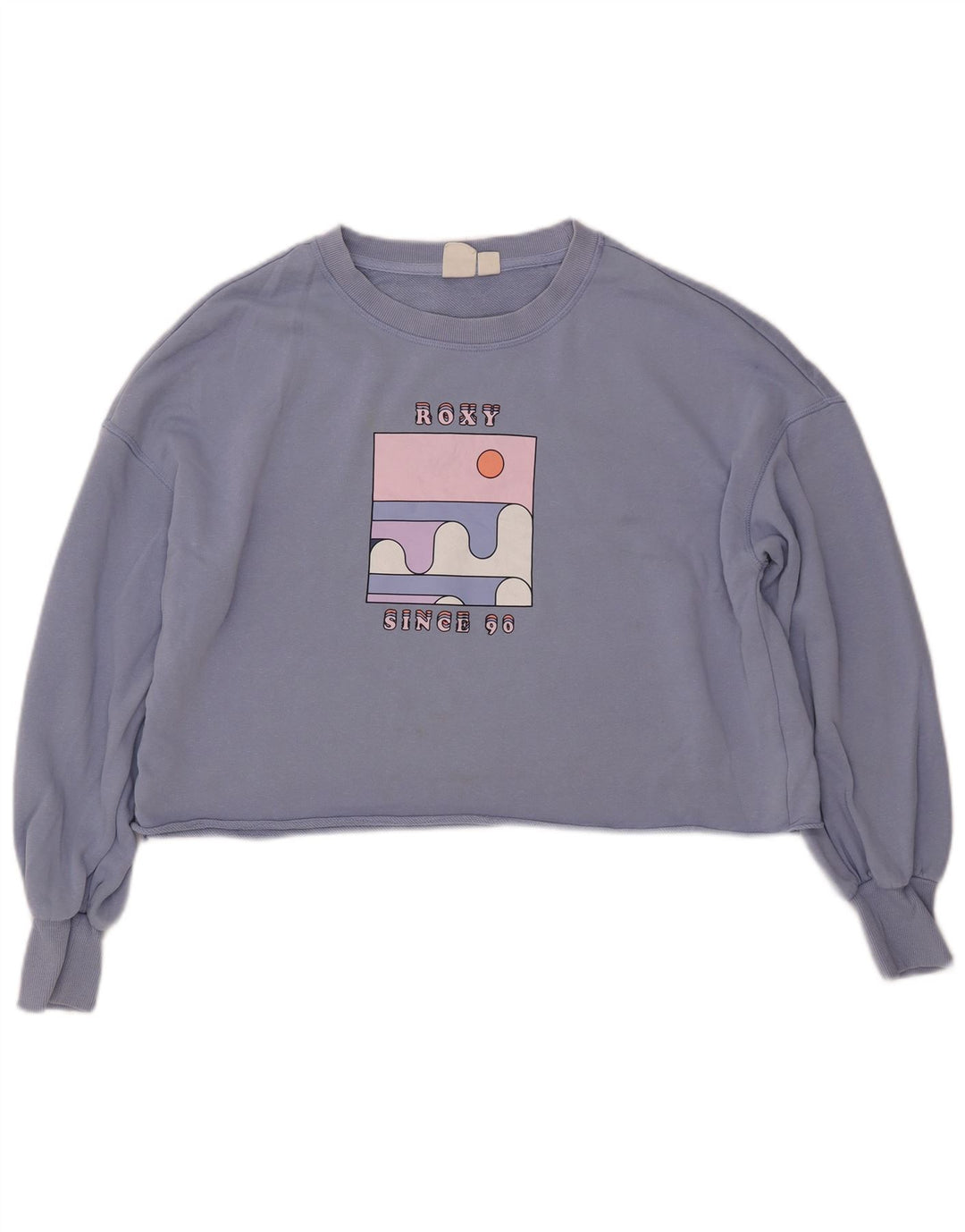 ROXY Womens Oversized Crop Graphic Sweatshirt Jumper UK 16 Large Blue