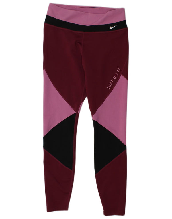 NIKE Womens Dri Fit Leggings UK 14 Medium  Burgundy Colourblock Polyester